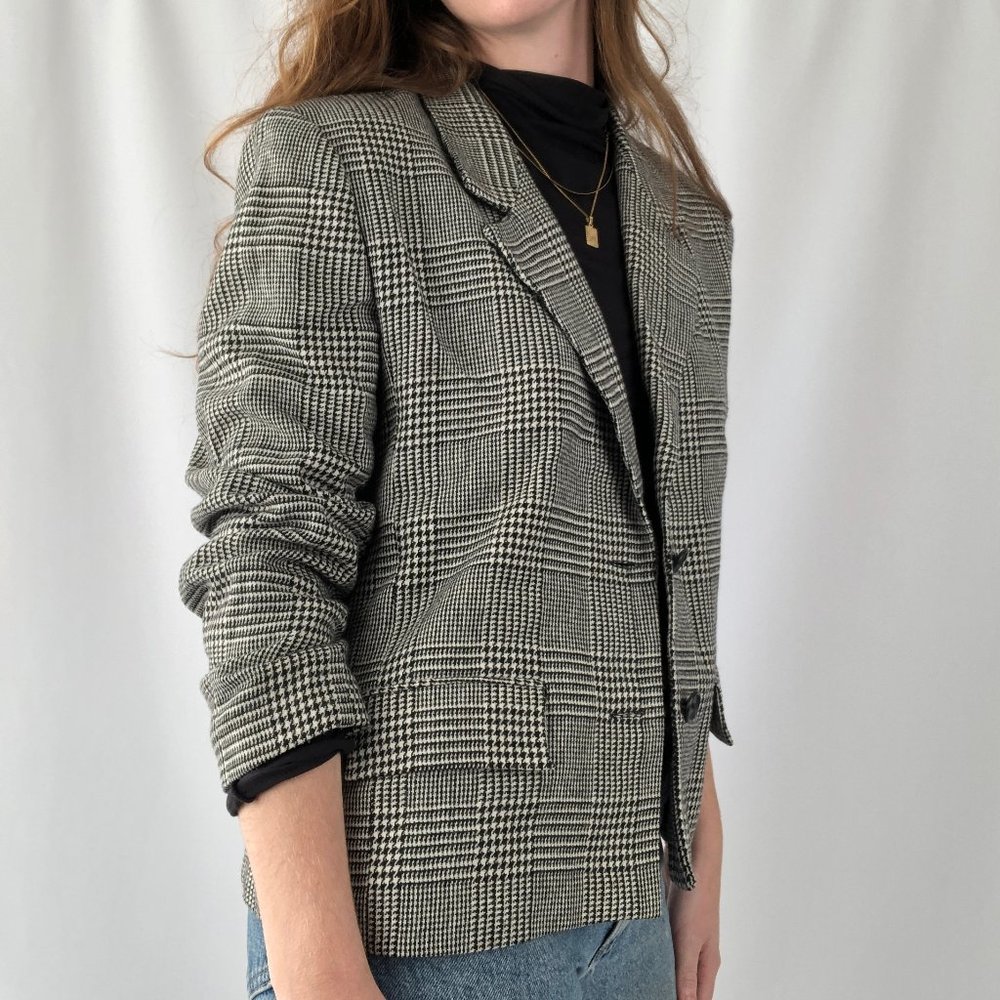 Parisian Vintage Oversized Houndstooth Plaid Knit Wool Blend Blazer Jacket Coat - Picture 6 of 8